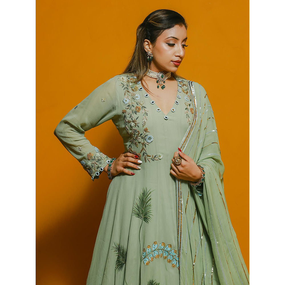 Simmi Guntaj Green Anarkali with Skirt and Dupatta (Set of 3)