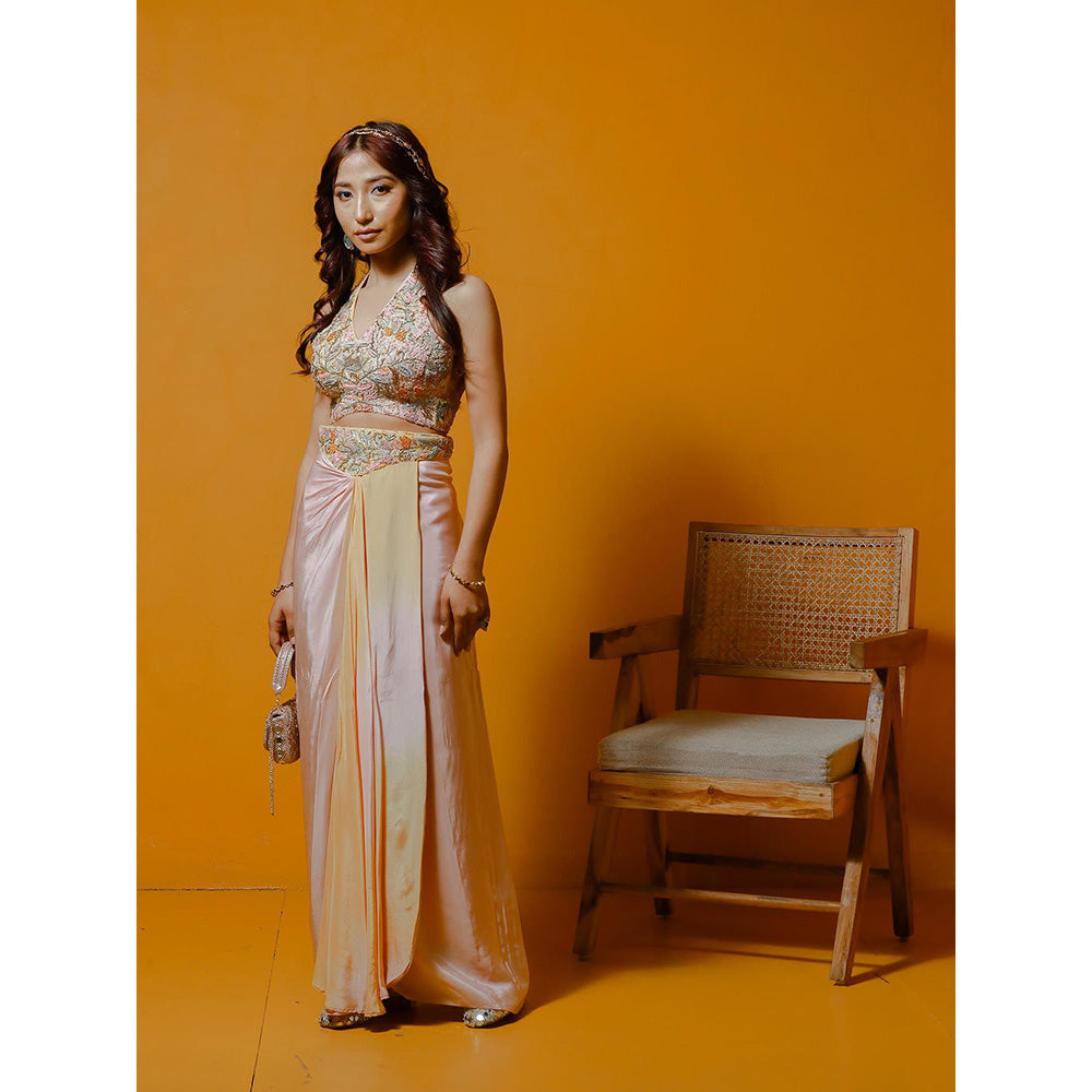 Simmi Guntaj Beige Ombre Skirt with Halter Neck Top (Set of 2)
