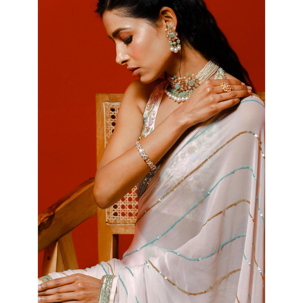 Simmi Guntaj Ivory Sequins Saree with Stitched Blouse
