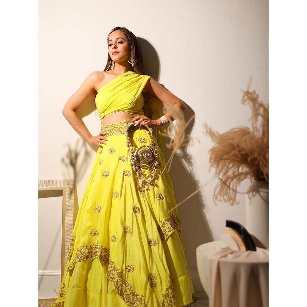 Simmi Guntaj Yellow Sarah Crop Top with Attached Draped Dupatta and Lehenga (Set of 2)