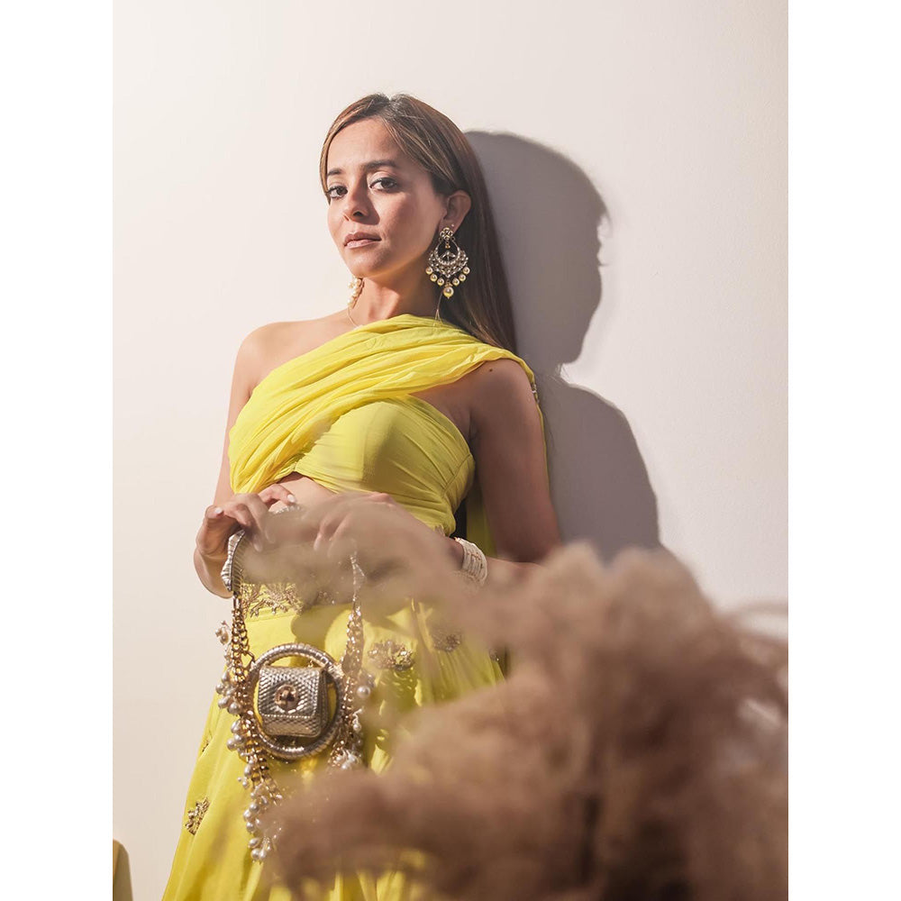 Simmi Guntaj Yellow Sarah Crop Top with Attached Draped Dupatta and Lehenga (Set of 2)