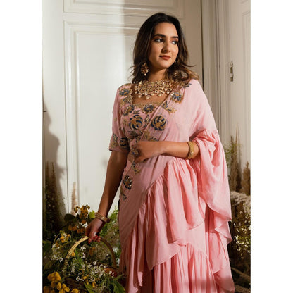 Simmi Guntaj Title Pink Ruffled Pre Draped Saree with Stitched Blouse
