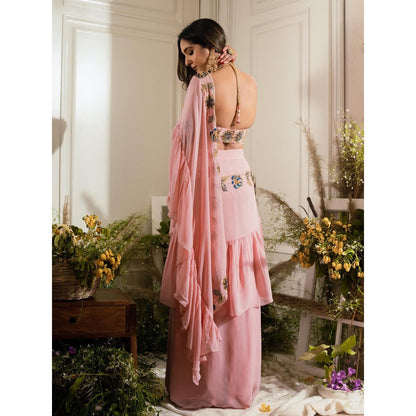 Simmi Guntaj Title Pink Ruffled Pre Draped Saree with Stitched Blouse