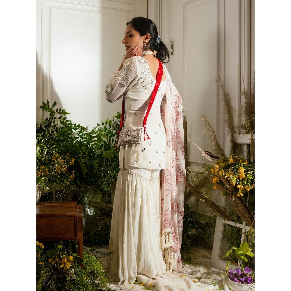 Simmi Guntaj White Banjaaran Sharara with Short Kurta and Dupatta (Set of 3)