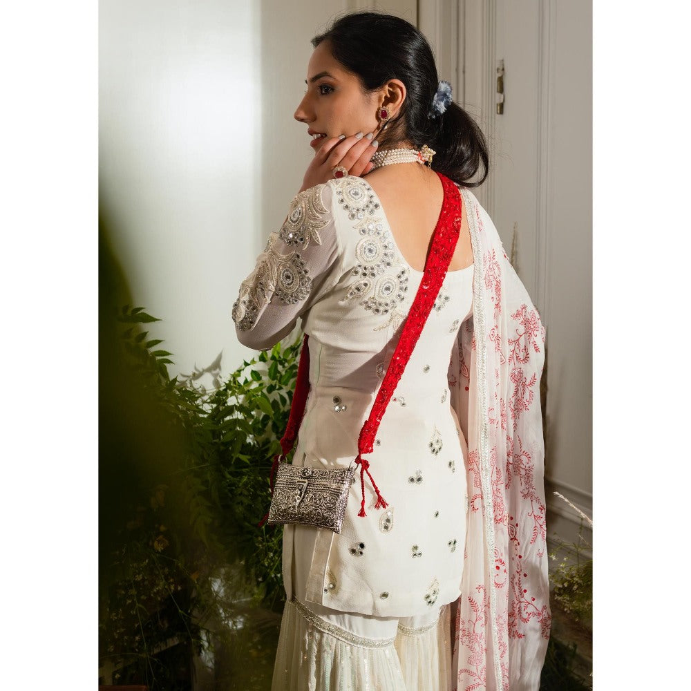 Simmi Guntaj White Banjaaran Sharara with Short Kurta and Dupatta (Set of 3)
