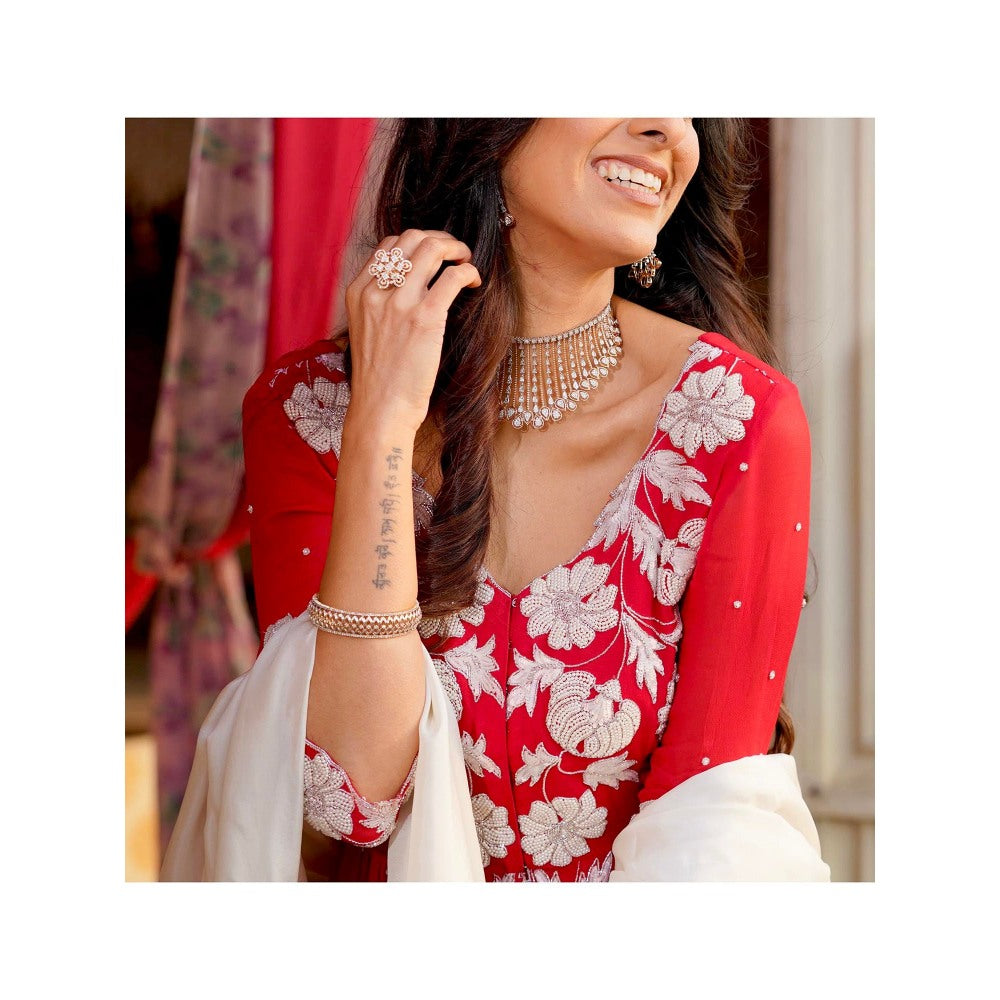 Simmi Guntaj Amal Red Sharara with Kurta and Dupatta (Set of 3)