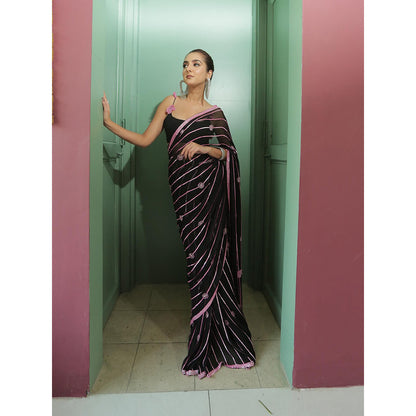 Simmi Guntaj Black Sequin Work Pre Draped Saree with Stitched Blouse