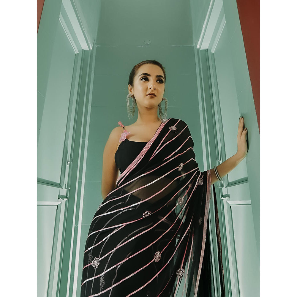 Simmi Guntaj Black Sequin Work Pre Draped Saree with Stitched Blouse