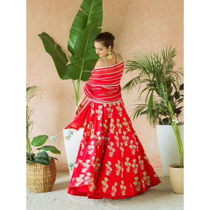 Simmi Guntaj The Red Jaipuri Lehenga with Blouse and Dupatta] (Set of 3)