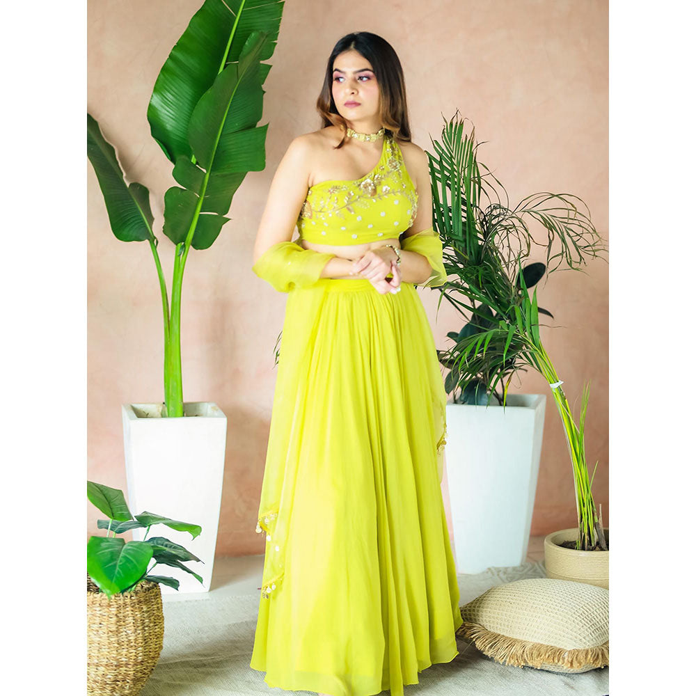 Simmi Guntaj Green One Shoulder Blouse with Lehenga and Dupatta (Set of 3)