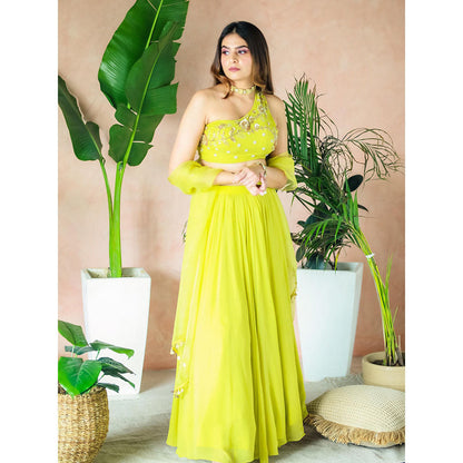 Simmi Guntaj Green One Shoulder Blouse with Lehenga and Dupatta (Set of 3)