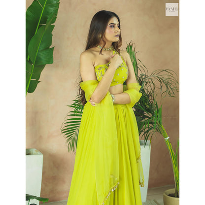 Simmi Guntaj Green One Shoulder Blouse with Lehenga and Dupatta (Set of 3)