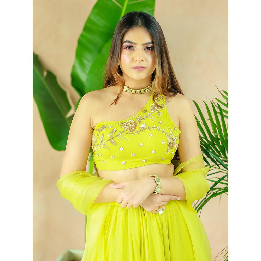 Simmi Guntaj Green One Shoulder Blouse with Lehenga and Dupatta (Set of 3)