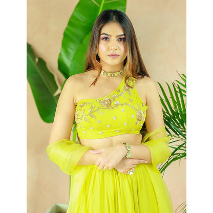 Simmi Guntaj Green One Shoulder Blouse with Lehenga and Dupatta (Set of 3)