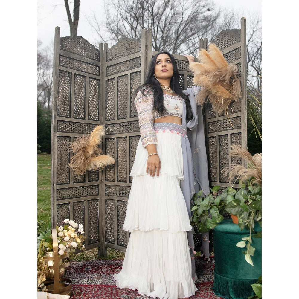 Simmi Guntaj White Zellij Lehenga with Blouse, Dupatta and Belt (Set of 4)