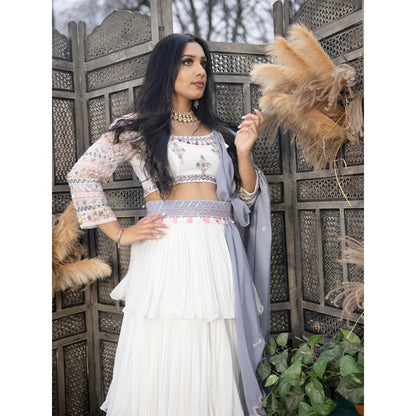 Simmi Guntaj White Zellij Lehenga with Blouse, Dupatta and Belt (Set of 4)