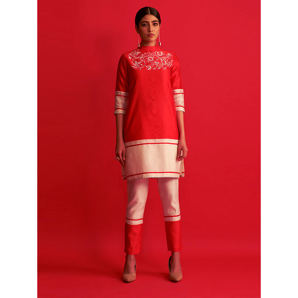 Saksham & Neharicka Red And Ivory Embroidered Kurta & Pant (Set of 2)