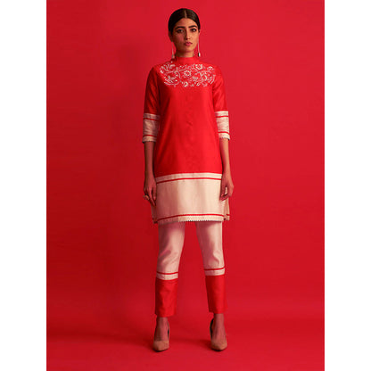 Saksham & Neharicka Red And Ivory Embroidered Kurta & Pant (Set of 2)