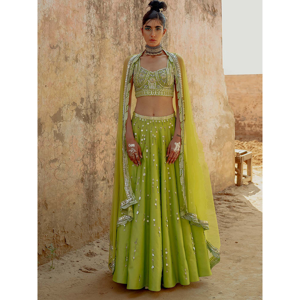 Saksham & Neharicka Green Embroidered Lehenga in Chanderi (Set of 3)