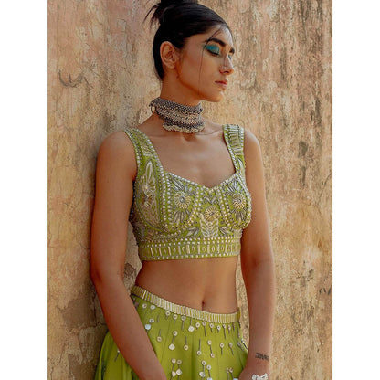 Saksham & Neharicka Green Embroidered Lehenga in Chanderi (Set of 3)