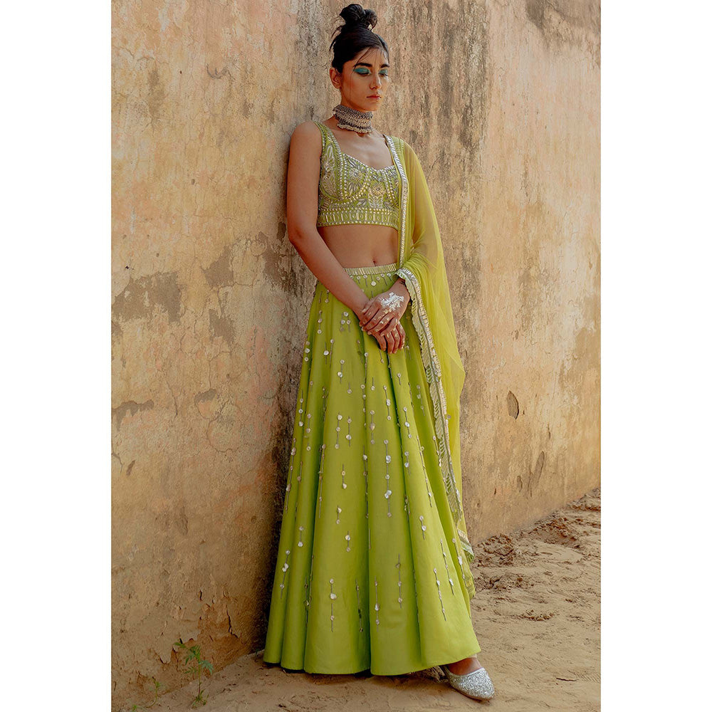 Saksham & Neharicka Green Embroidered Lehenga in Chanderi (Set of 3)