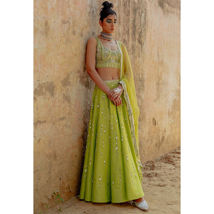 Saksham & Neharicka Green Embroidered Lehenga in Chanderi (Set of 3)