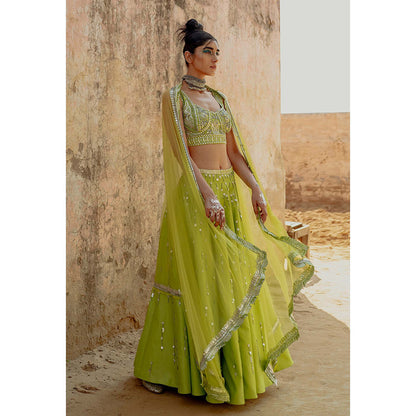 Saksham & Neharicka Green Embroidered Lehenga in Chanderi (Set of 3)