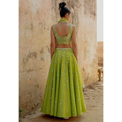 Saksham & Neharicka Green Embroidered Lehenga in Chanderi (Set of 3)