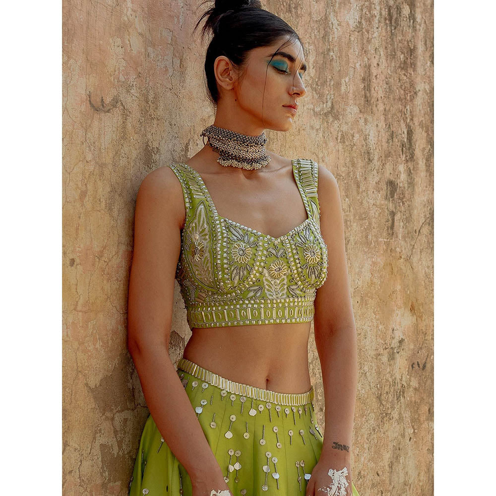 Saksham & Neharicka Green Hand Embroidered Blouse in Chanderi