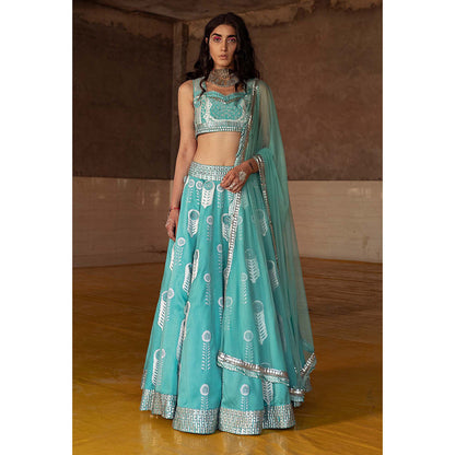 Saksham & Neharicka Firozi Embroidered Lehenga (Set of 3)