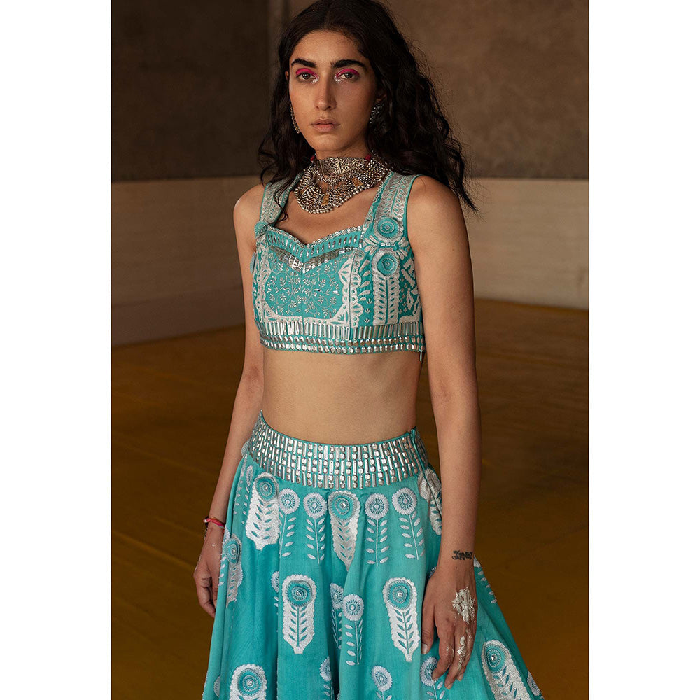 Saksham & Neharicka Firozi Embroidered Lehenga (Set of 3)