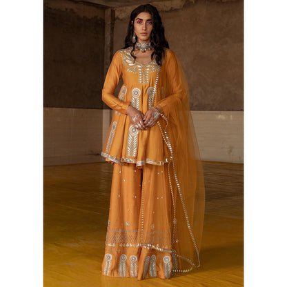 Saksham & Neharicka Ochre Embroidered Kalidaar Sharara (Set of 3)