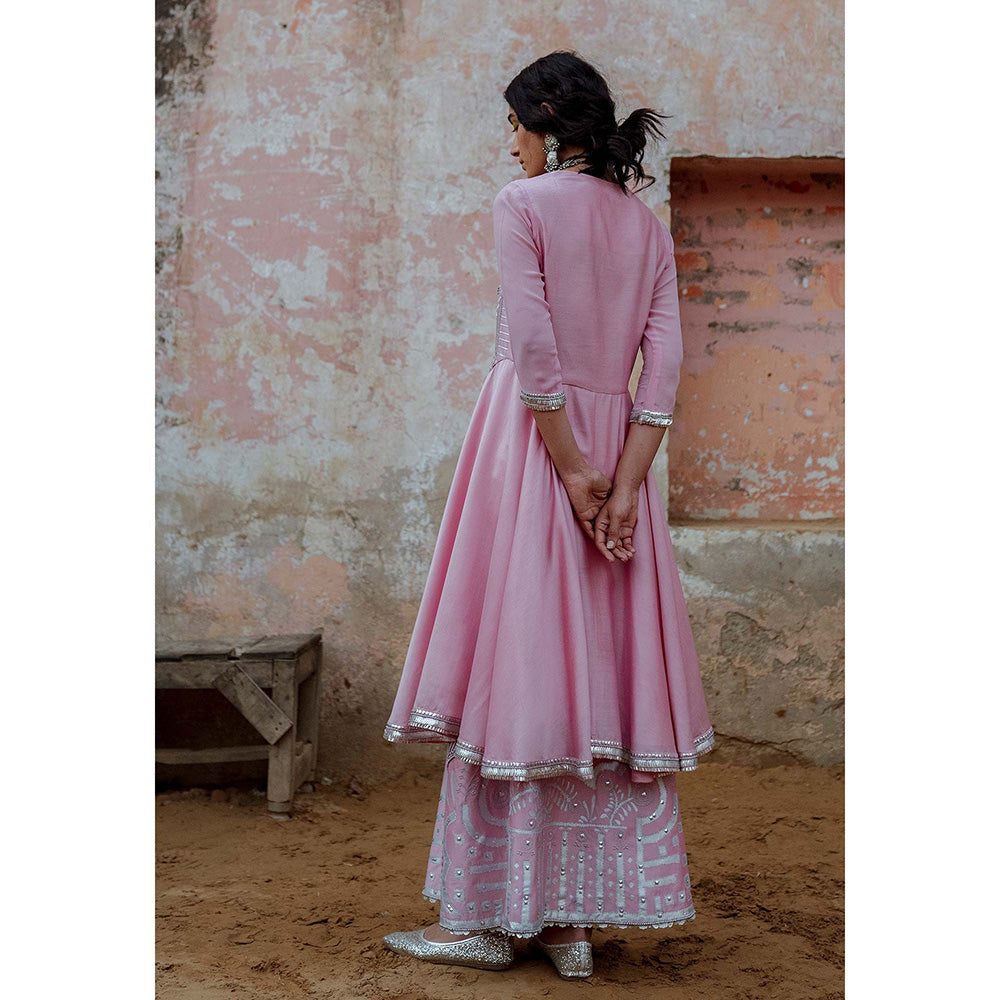 Saksham & Neharicka Pink Embroidered Kurta in Chanderi (Set of 2)