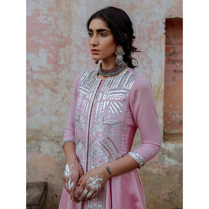 Saksham & Neharicka Pink Embroidered Kurta in Chanderi (Set of 2)