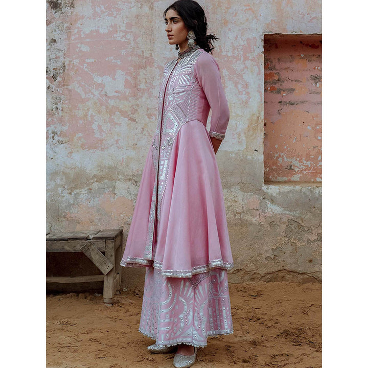 Saksham & Neharicka Pink Embroidered Kurta in Chanderi (Set of 2)