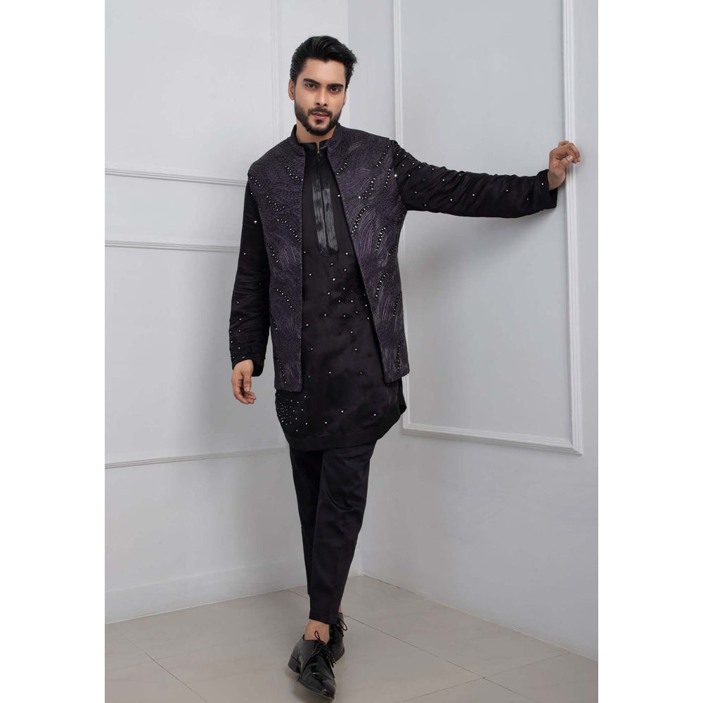 SMRITI Black Obsidian Nehru Jacket and Zipper Kurta with Pant