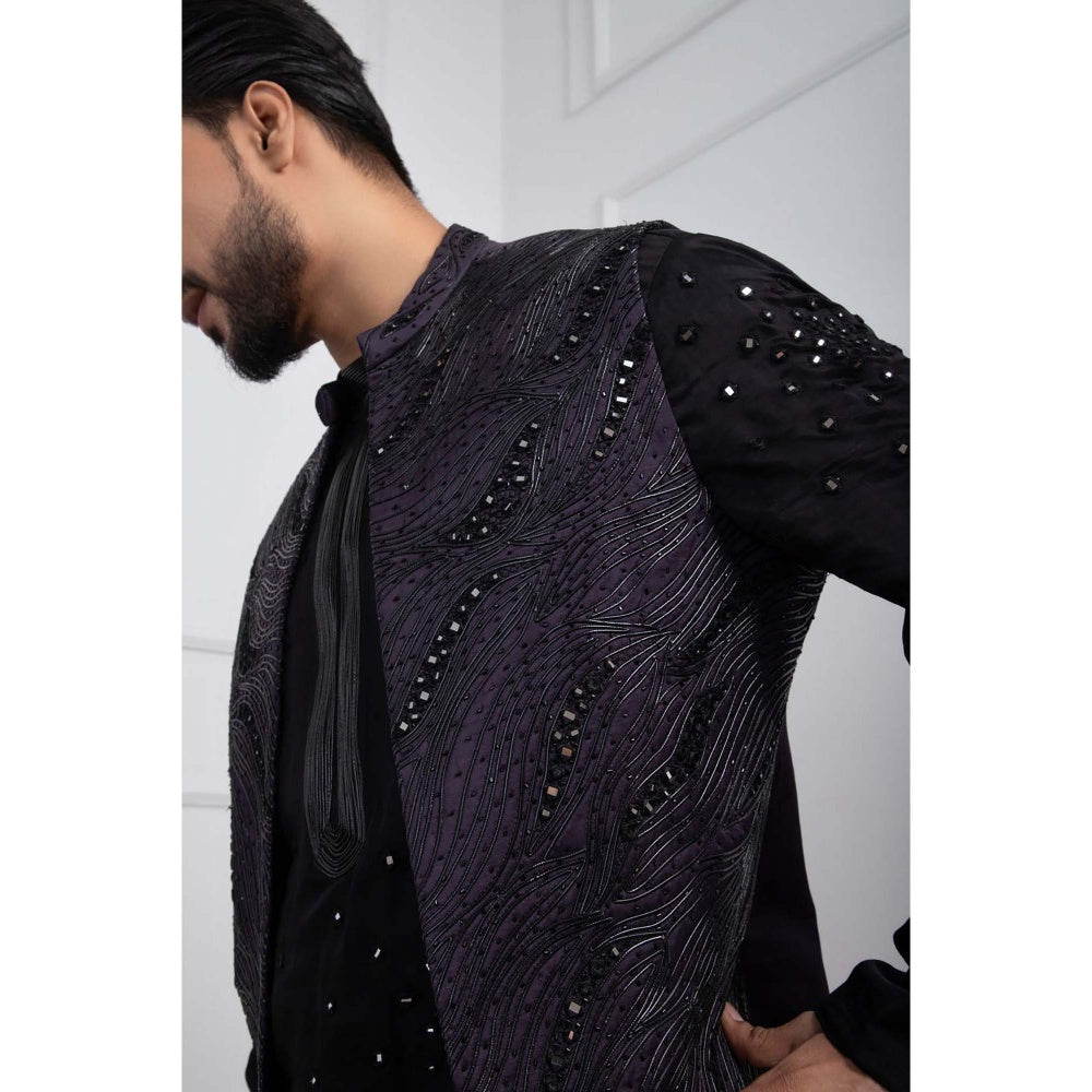 SMRITI Black Obsidian Nehru Jacket and Zipper Kurta with Pant