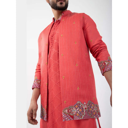 SMRITI Coral Red Kurta with Pant and Nehru Jacket