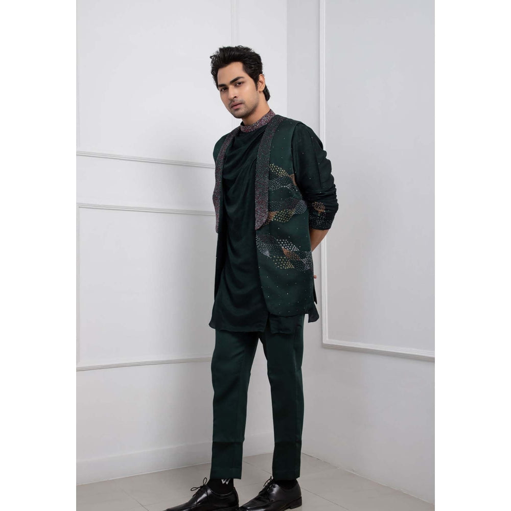 SMRITI Green Hidden Forest Nehru Jacket with Cowl Kurta and Pant