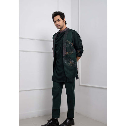 SMRITI Green Hidden Forest Nehru Jacket with Cowl Kurta and Pant