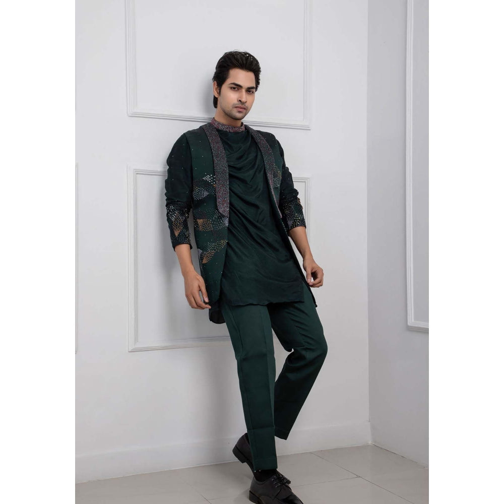 SMRITI Green Hidden Forest Nehru Jacket with Cowl Kurta and Pant