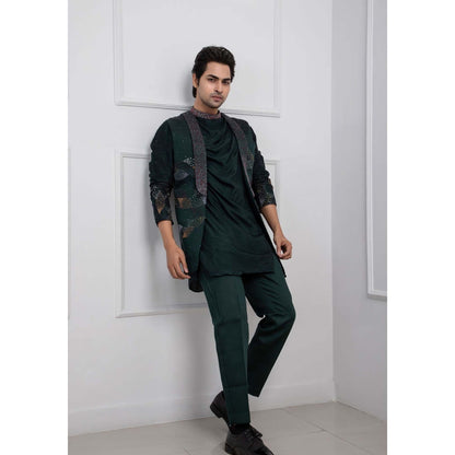 SMRITI Green Hidden Forest Nehru Jacket with Cowl Kurta and Pant