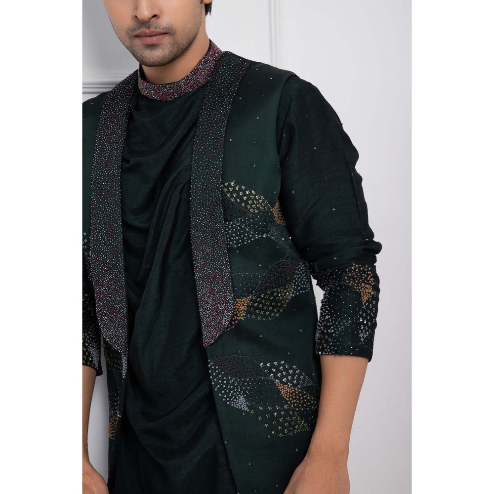 SMRITI Green Hidden Forest Nehru Jacket with Cowl Kurta and Pant
