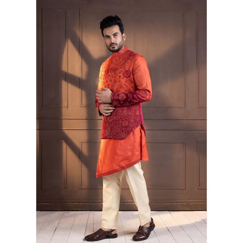SMRITI Orange Embroidered Nehru Jacket with Kurta and Pant