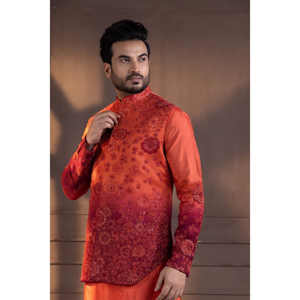 SMRITI Orange Embroidered Nehru Jacket with Kurta and Pant