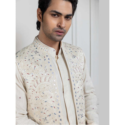 SMRITI Ivory Layered Sleeveless Nehru Jacket with Kurta and Pant