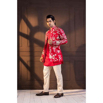 SMRITI Red Embroidered Nehru Jacket