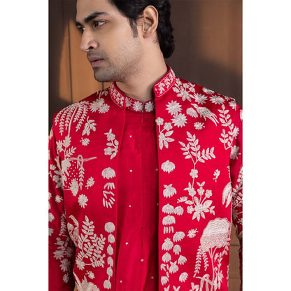 SMRITI Red Embroidered Nehru Jacket