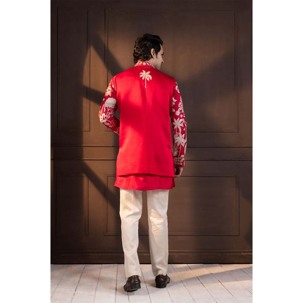 SMRITI Red Embroidered Nehru Jacket
