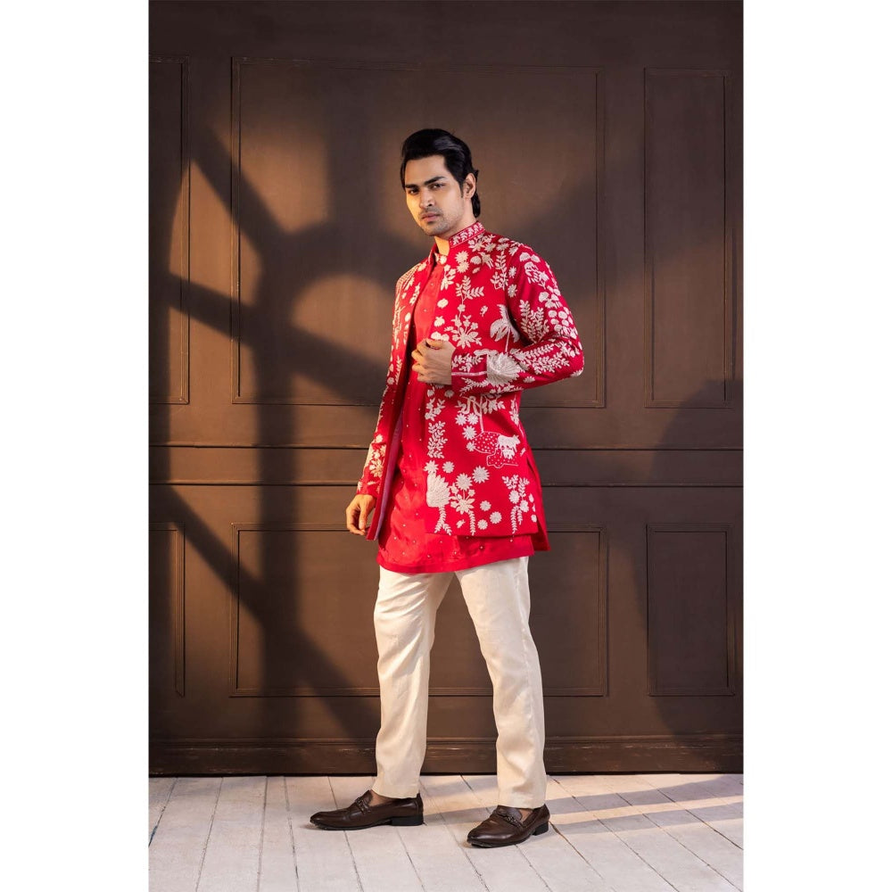 SMRITI Red Embroidered Nehru Jacket With Kurta And Pant